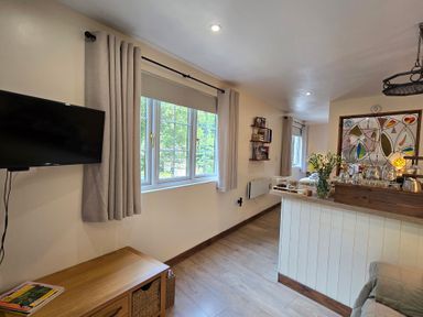 A living room with a television and window at Ty Barddu in Cwmorgan near Newcastle Emlyn