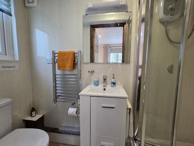 A bathroom featuring a sink, shower, and towel rack at Ty Barddu, Cwmorgan near Newcastle Emlyn