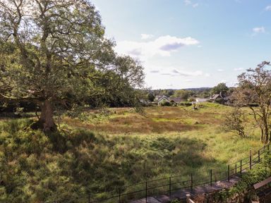 A grassy field with trees and houses in the background at Silver How in Ambleside