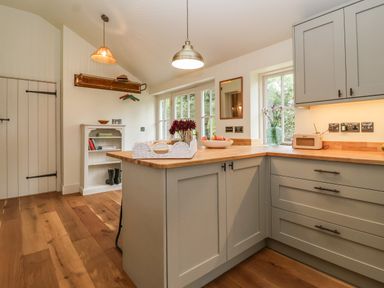 A kitchen with wooden floors grey cabinets countertop with flowers and fruit bowl at Rookery Cottage in Kelsale near Saxmundham