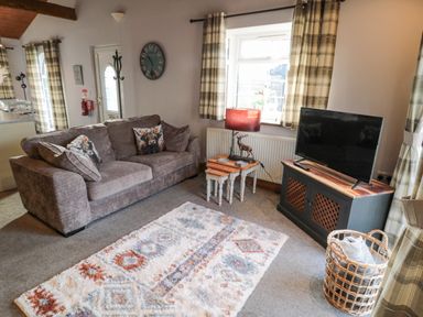 A living room with a gray sofa a patterned rug a television on a cabinet and a basket at Matfen in Longframlington