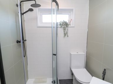 A bathroom with a shower enclosure and a toilet next to a window with a plant at Matfen in Longframlington