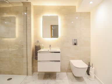 A bathroom with a shower, sink, mirror, and toilet at Neptune Cottage in Conwy