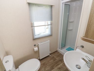 A bathroom with a toilet sink shower and window at 116 Woodpecker Lodge in Gilfachrheda near Llanarth