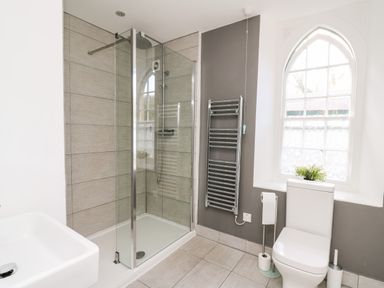 A bathroom with a walk-in shower a white toilet a sink and a window at Upper Vestry in Llangrannog