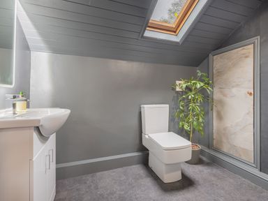 A bathroom with a toilet a sink a potted plant and a skylight at The Waterfall Retreat in Orton