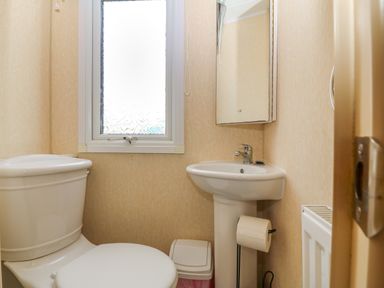 A small bathroom with a toilet sink mirror window and trash bin at Cae Gog Near Cemaes Bay