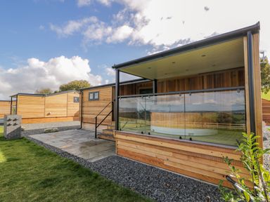 A wooden lodge with a covered porch and glass railing on a stone patio with grass at Betsi Lodge 1 in Llanelidan near Corwen