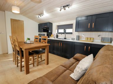 A kitchen and dining area with wooden table and chairs black cabinets and a brown sofa at Betsi Lodge 1 in Llanelidan near Corwen
