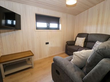 A small living room with a wall-mounted television couch and armchair alongside a window at Betsi Lodge 1 in Llanelidan near Corwen