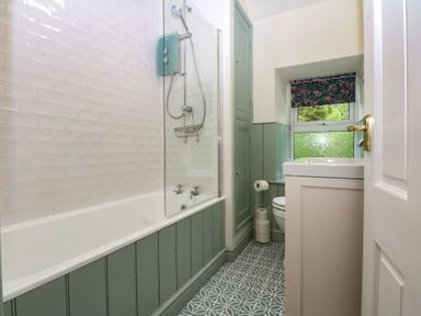 A bathroom with a shower and bath tub at Chandos in Dolwyddelan