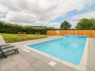 An outdoor swimming pool with a tiled deck two sun loungers two wooden picnic tables and a wooden fence with green bushes and trees in the background at Hazel Lodge Teigngrace near Newton Abbot