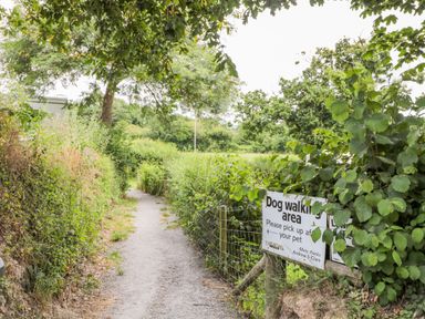 A dirt path lined with green bushes and trees with a dog walking area sign near Hazel Lodge in Teigngrace near Newton Abbot