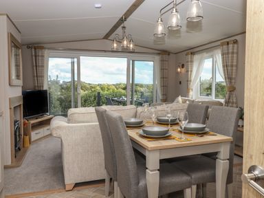 A dining area with a table set for four and a living room with sofas and a television near a large window at Hazel Lodge in Teigngrace near Newton Abbot