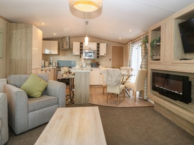 An open living space with a gray armchair with green cushion a wooden coffee table a kitchen with white cabinets a dining area with four chairs and a glass table a wall-mounted electric fireplace and a wall-mounted television at Seafront Holiday Home 2 Pwllheli