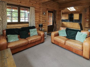 A living room with two leather sofas and cushions in a wooden cabin with a kitchen in the background at Welcome Hjem Log Cabin Morpeth near Felton