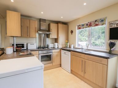 A kitchen with wooden cabinets a stove dishwasher and a window with floral blinds at Eden Lodge Castlewigg near Whithorn