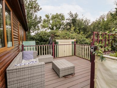 An outdoor wooden deck with wicker patio furniture and a small white storage shed surrounded by trees at Eden Lodge in Castlewigg near Whithorn