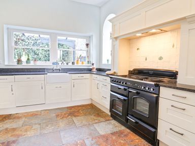 A kitchen with white cabinets a black stove a farmhouse sink and plants on the window sill at Charmouth Lodge in Charmouth