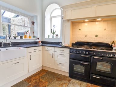 A kitchen corner with white cabinets black countertop a farmhouse sink black stove and potted plants on the windowsill at Charmouth Lodge in Charmouth