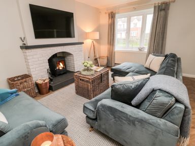 A living room with sofas a fireplace a wall-mounted television and a window at Driftwood Sands in Beadnell