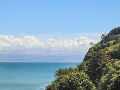 A coastal view with a cliff covered in trees and the sea with distant hills at Ty Cerrig in Llanbedrog