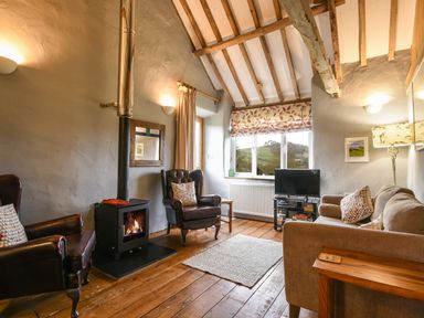 A living room with wooden beams two armchairs a sofa a wood burning stove and a television at The Old Dairy Whitchurch Canonicorum near Charmouth