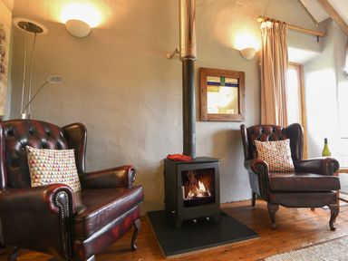 A sitting area with two leather armchairs a wood stove and a window with curtains at The Old Dairy in Whitchurch Canonicorum near Charmouth