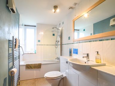 A bathroom with a bathtub shower combination toilet sink and a large mirror at The Old Dairy Whitchurch Canonicorum near Charmouth