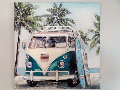 A painting of a vintage van with two surfboards leaning against it and palm trees in the background at The Gables Penthouse in Bournemouth