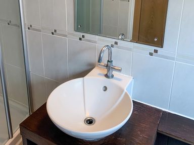 A bathroom sink with a metal faucet on a wooden countertop with tiled walls and a mirror