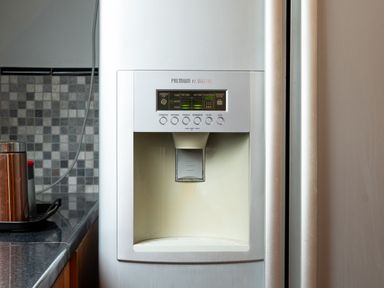 A kitchen corner with a stainless steel refrigerator featuring a water and ice dispenser at The Gables Penthouse in Bournemouth