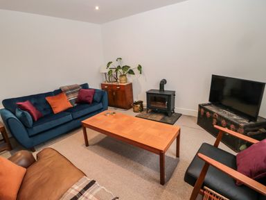A living room with a blue sofa a brown armchair a wooden coffee table a black wood stove a television and a wooden cabinet at Tyne View Cottage in Bellingham