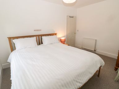 A bedroom with a double bed with white bedding a bedside table with a lamp a radiator and a closed door at Tyne View Cottage in Bellingham