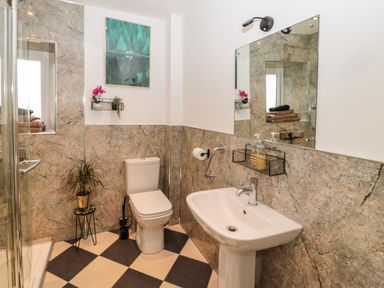 A bathroom with a toilet sink mirror shower and plant at Tyne View Cottage in Bellingham
