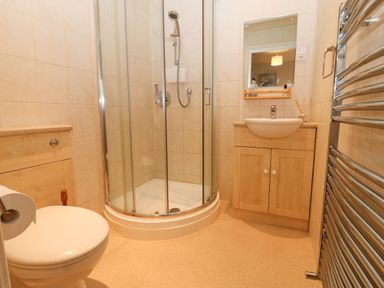 A bathroom with a shower enclosure toilet sink cabinet mirror and heated towel rail at The Byre in Carrshield near Allendale