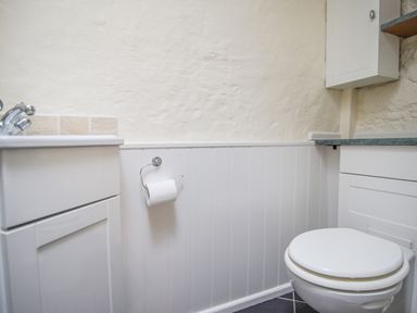 A bathroom with a toilet sink cabinet and toilet paper holder at The Old Lace Shop in Beer