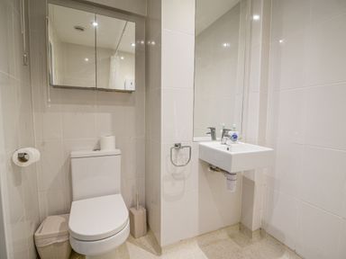 A bathroom with a toilet a small sink a mirror cabinet and a trash bin at The Old Lace Shop in Beer