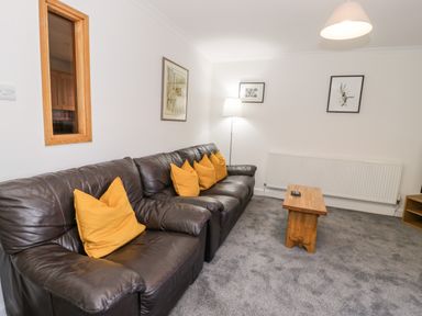 A living room with a dark leather sofa with orange cushions a wooden coffee table and framed pictures on the walls at Borthwen in Barmouth