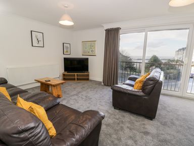 A living room with leather sofas and yellow cushions a wooden coffee table and a television by a sliding glass door at Borthwen in Barmouth