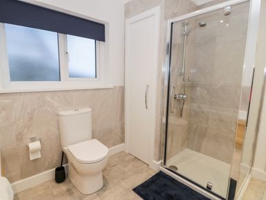 A bathroom with a toilet a shower enclosure a window with a blind and a storage cupboard at Borthwen in Barmouth