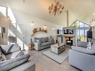 A living room with grey sofas a coffee table and a fireplace with a TV above at Shearwater Lodge in Bamburgh