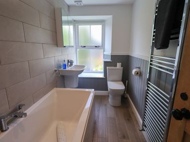 A bathroom with a bathtub a sink a toilet and a towel rack at Brook Cottage in Windermere