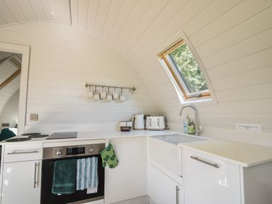 A kitchen with oven sink toaster kettle and hanging cups at Maple in Wootton Fitzpaine near Charmouth