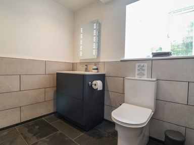 A bathroom with a toilet a sink cabinet with a mirror above and a window at The Hideaway in Uplyme near Lyme Regis