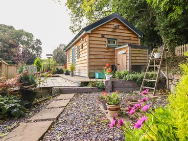 A wooden cabin with a small garden path and potted plants at Chateau Petit in Trefeglwys