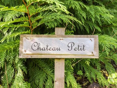 A wooden sign with the words Chateau Petit in front of green leafy plants at Chateau Petit in Trefeglwys