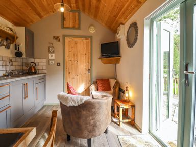 A small kitchen and seating area with two armchairs a wall-mounted TV and glass doors leading outside at Chateau Petit in Trefeglwys