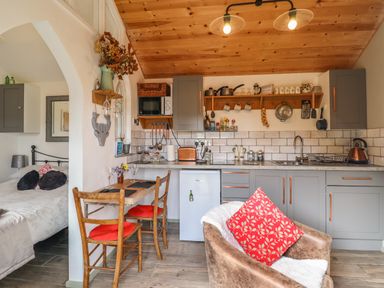 A small kitchen with gray cabinets a wooden ceiling and a dining table with red cushioned chairs at Chateau Petit in Trefeglwys