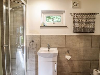 A bathroom with a shower enclosure a sink a small window a towel rack with a towel and a toilet paper holder at Chateau Petit in Trefeglwys